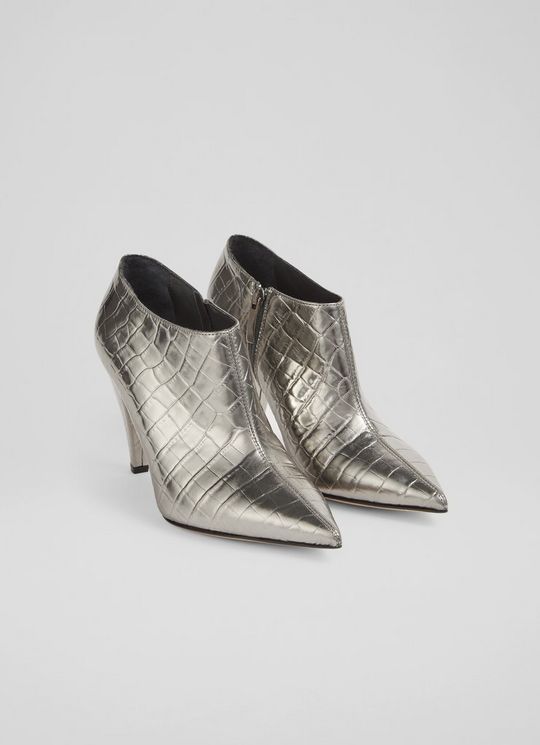 Talulla Silver Croc-Effect Leather Cone Heel Shoe Boots