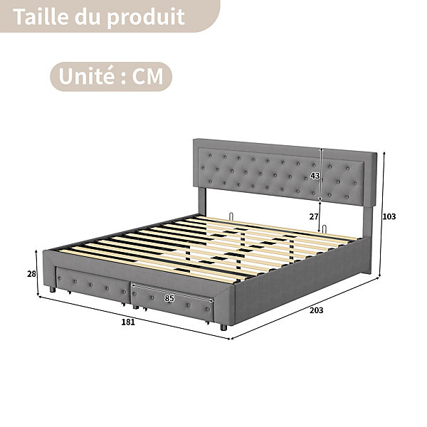 Lit Double 180 X 200 Cm Avec Coffre Et Tiroirs,velours,sommier à Lattes,lit Hydraulique, Gris