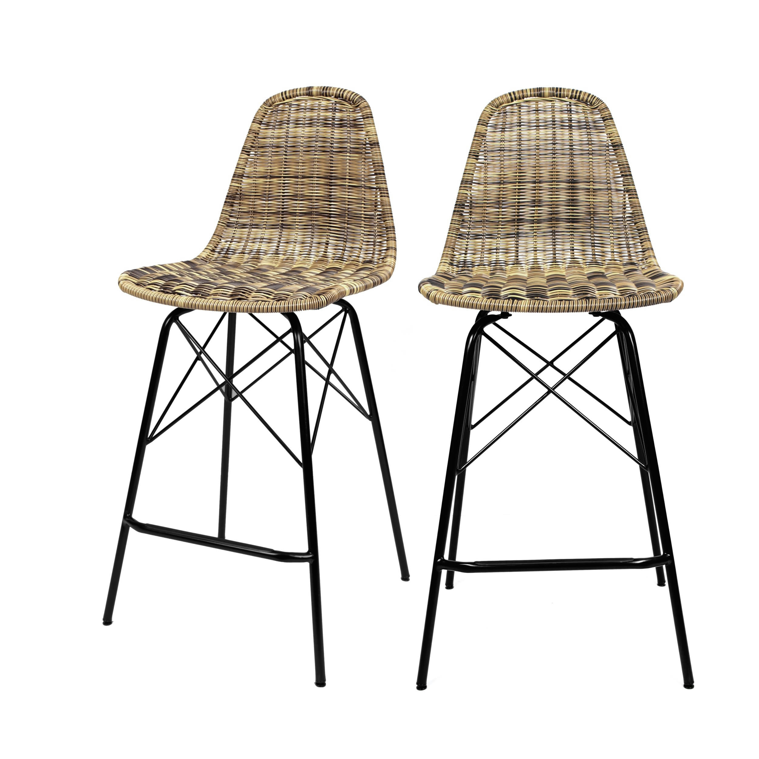 TIPTUR - Chaise de bar 63 cm en résine tressé marron (lot de 2)