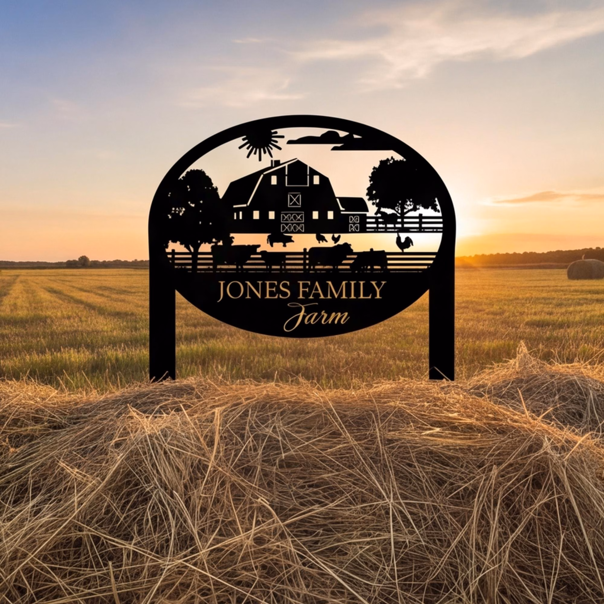 Farm Sign Metal Address Stake, Family Name Customizable Yard Sign, Established Date or Street Name, Outdoor Farm Scene