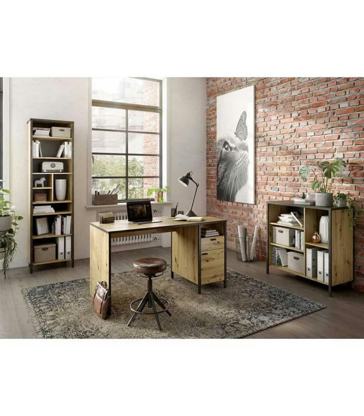 LOFT - Bureau Industriel 1 Porte 1 Tiroir L135 cm - Chêne et Noir