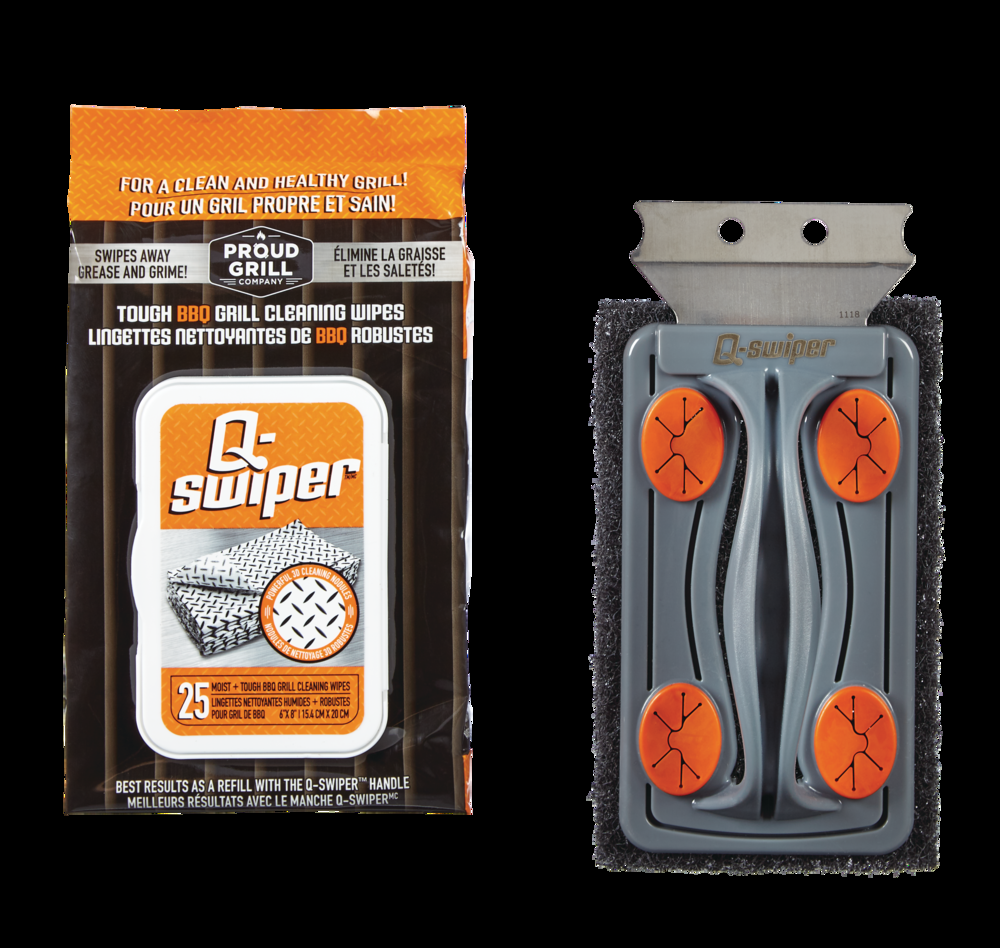 Q-Swiper Outdoor BBQ Grill Cleaner Kit w/ Grill Brush, Wipes & Stainless Steel Scraper
