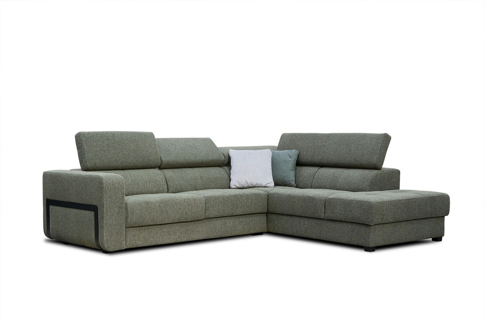 BERGO - Canapé d'angle droit 5 places en tissu vert avec coussins déco