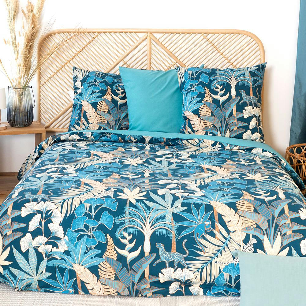 LEOPARDIE - Parure housse de couette coton bleu 240x260 cm