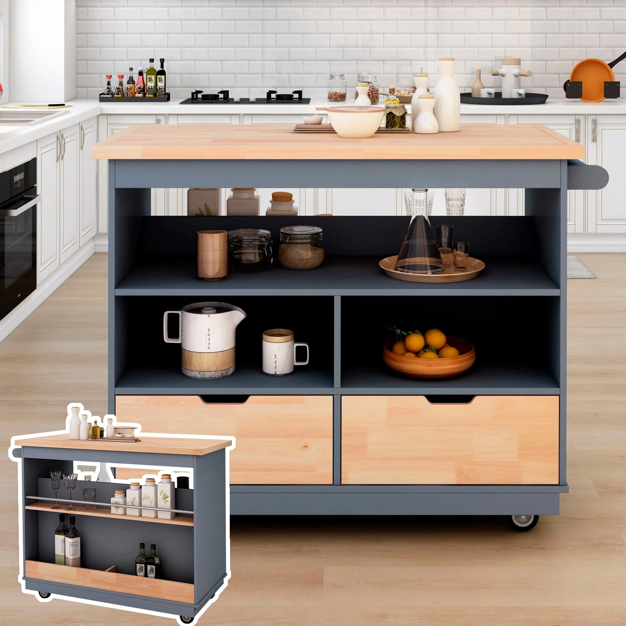 Large Kitchen Island with Wine Cabinet, Two-sided Rolling Wheels Storage Cart with Drawers, Open Compartments for Living Room
