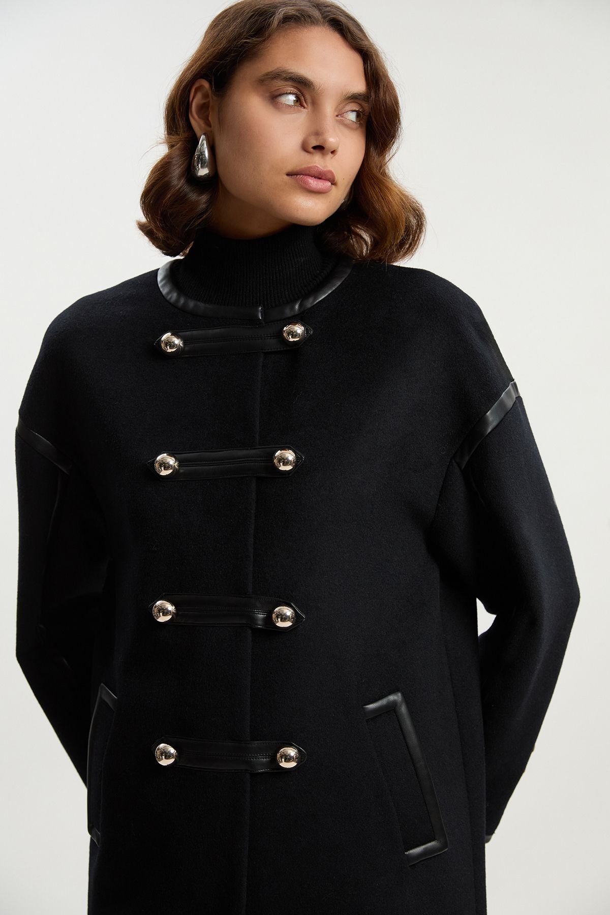 KarenMillen Petite Brushed Wool PU Mix Tailored Collarless Midi Coat