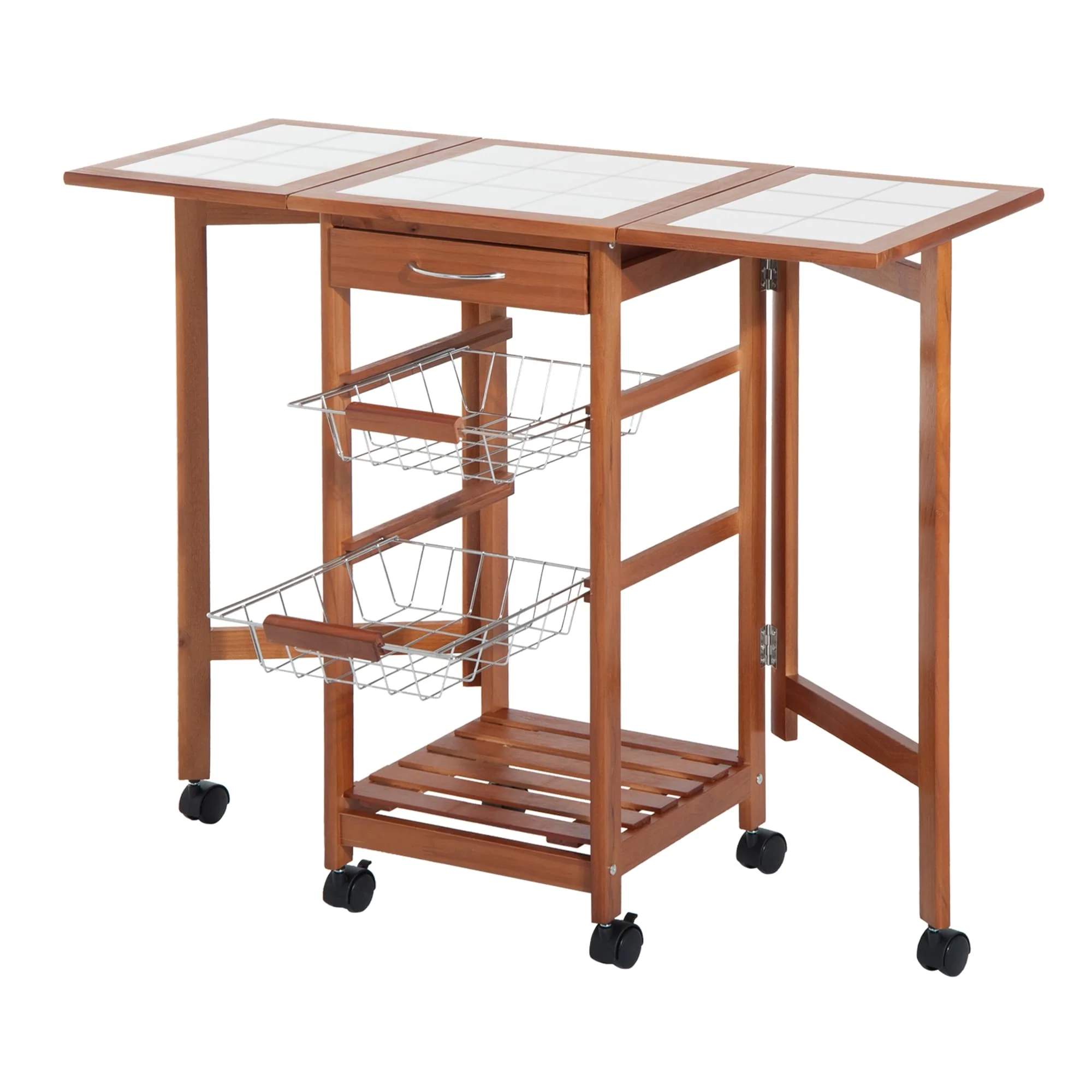 HomCom Folding Rolling Trolley Kitchen Cart Table Island with Basket