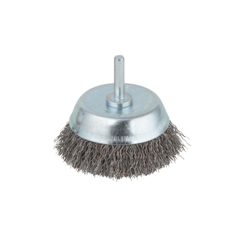 Brosse soucoupe avec fil d'acier ondulé avec queue ronde pour perceuse Ø 75 mm WOLFCRAFT