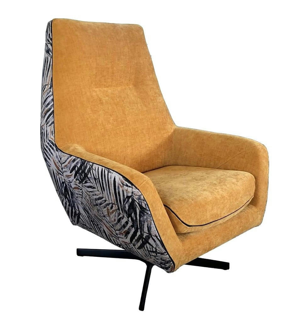 JUNGLE - Fauteuil bicolore tissu imprimé et velours ocre