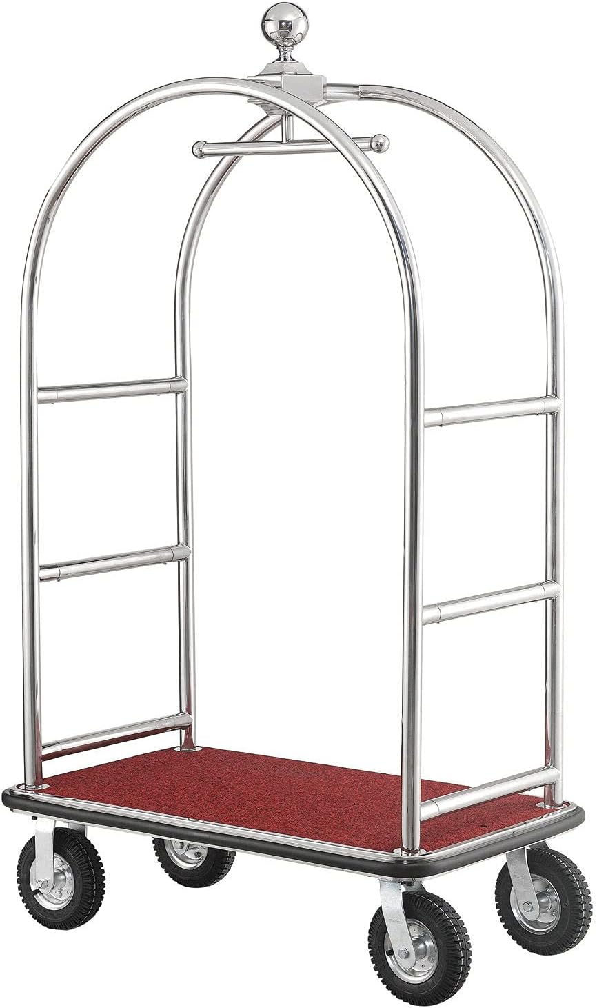 Global Industrial Silver Stainless Steel Bellman Cart Curved Uprights 8 Pneumatic Casters, 41-1/4L x 24 W x 75 H, Hotel Luggage Cart for Commercial Use, Condos, Resorts