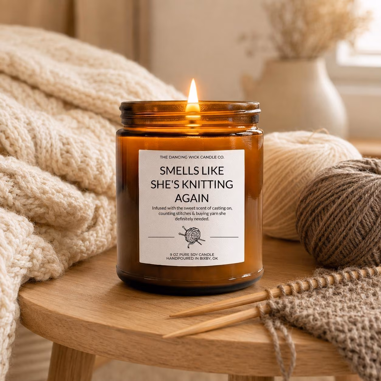 Personalized Knitting Candle | Funny Gift for Knitters | Yarn Lover Birthday Present | Craft Room Decor | 9 oz Scented Soy Candle