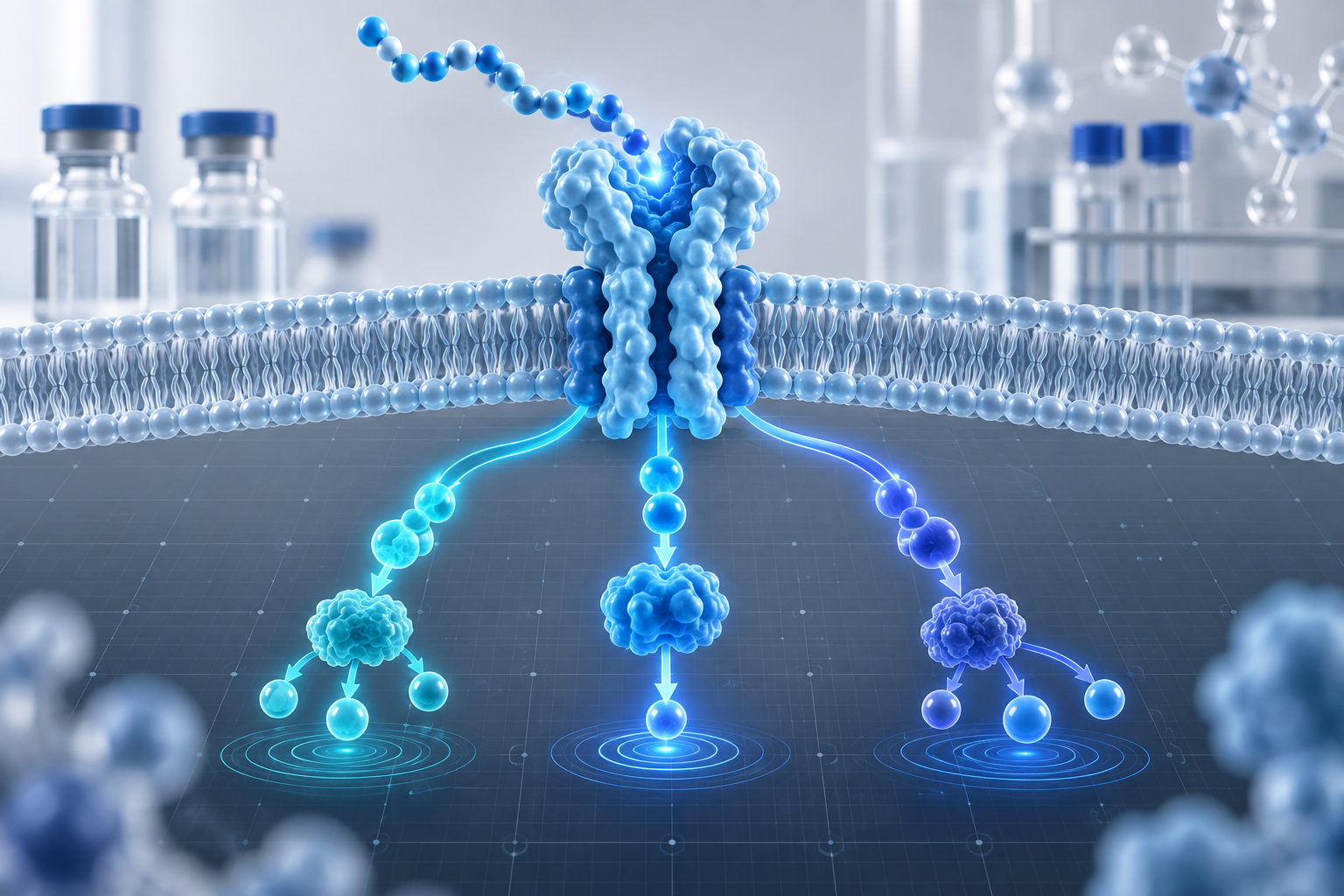 Blue receptor protein in a cell membrane with three signaling pathways on a bright laboratory background.
