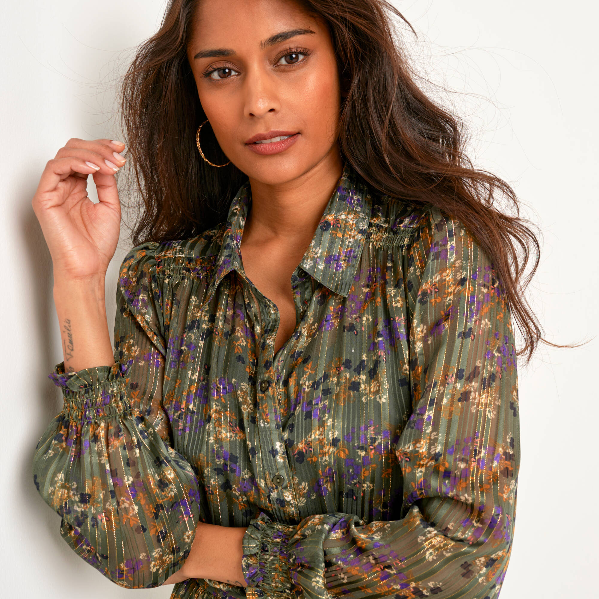 Robe-chemisier longue en voile jacquard imprimé floral
