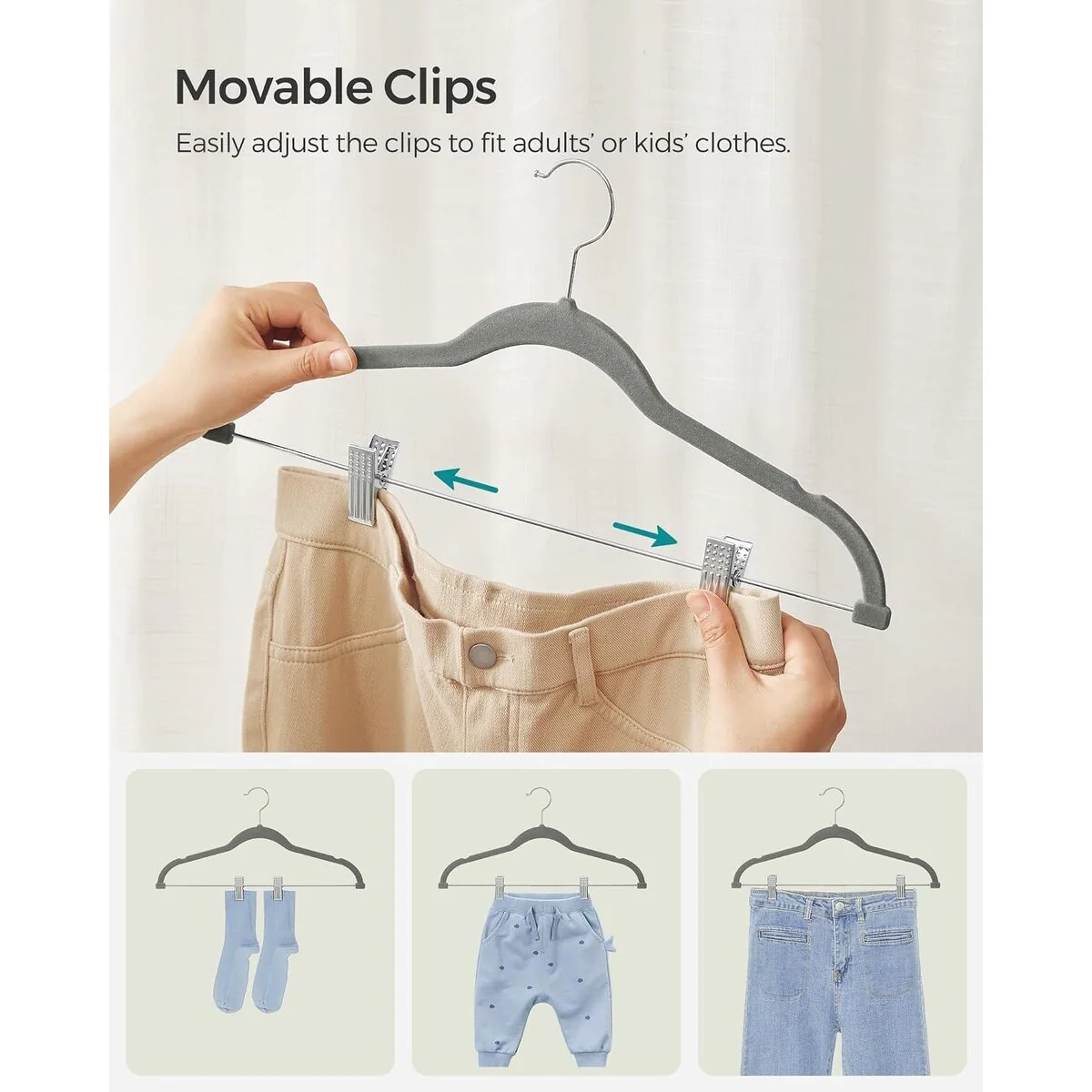 SONGMICS 30 Packs Velvet Hangers Skirt Pants Hangers with Adjustable Clips Non Slip Space Saving Clothes Hangers for Gray
