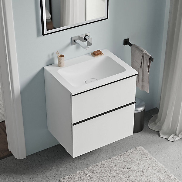 Meuble vasque suspendu MDF Blanc mat, lavabo fonte Blanc mat sans trou robinet, poignée Chrome - 60x46x62cm - LAVOA