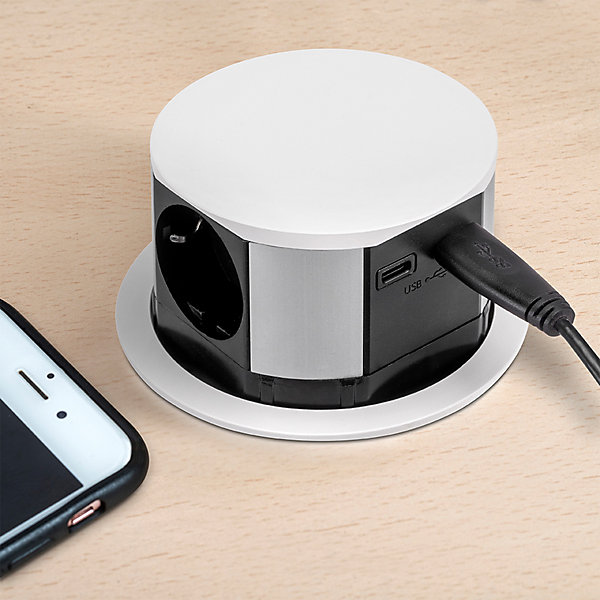 Emuca Multiconnecteur Vertikal Push diamètre 100mm, 3 prises de type Schuko, 1 USB type A, 1 USB type C, Acier et Plastique, Peint