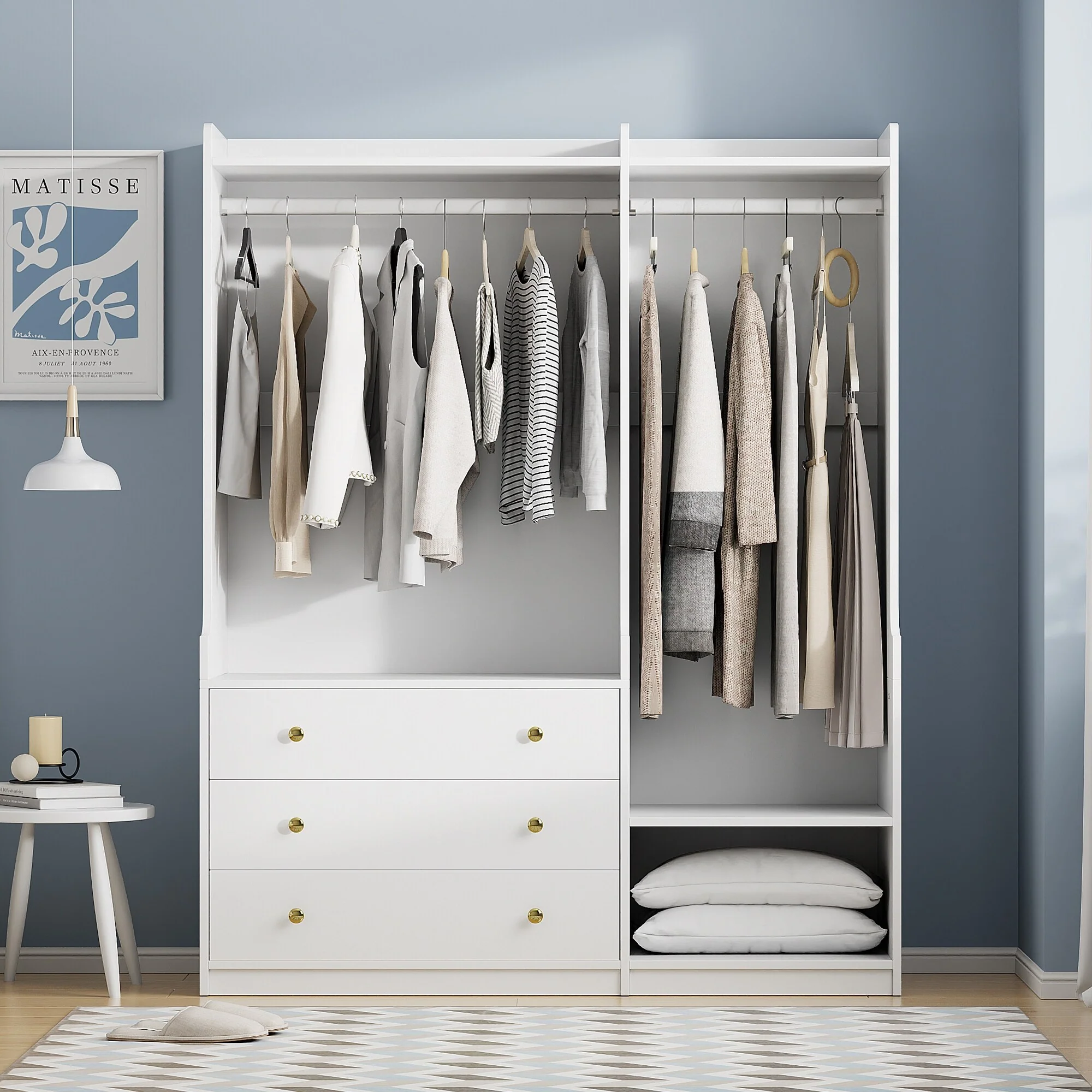 Open Wardrobe Armoire Closet, Armoire Wardrobe with 2 Hanging Rails and 3 Drawers, Wooden Wardrobe Storage Closets