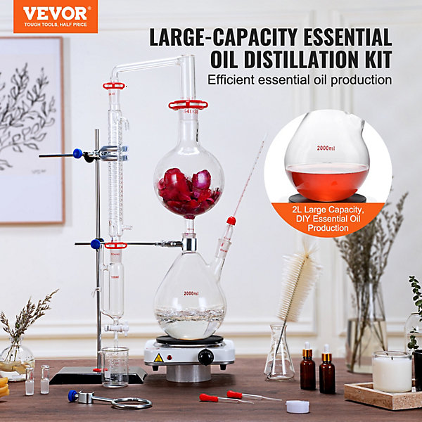 Kit distillation huile essentielle 28 pièces, appareil 2000mL verrerie boro 3.3 avec plaque chauffante 1000W.