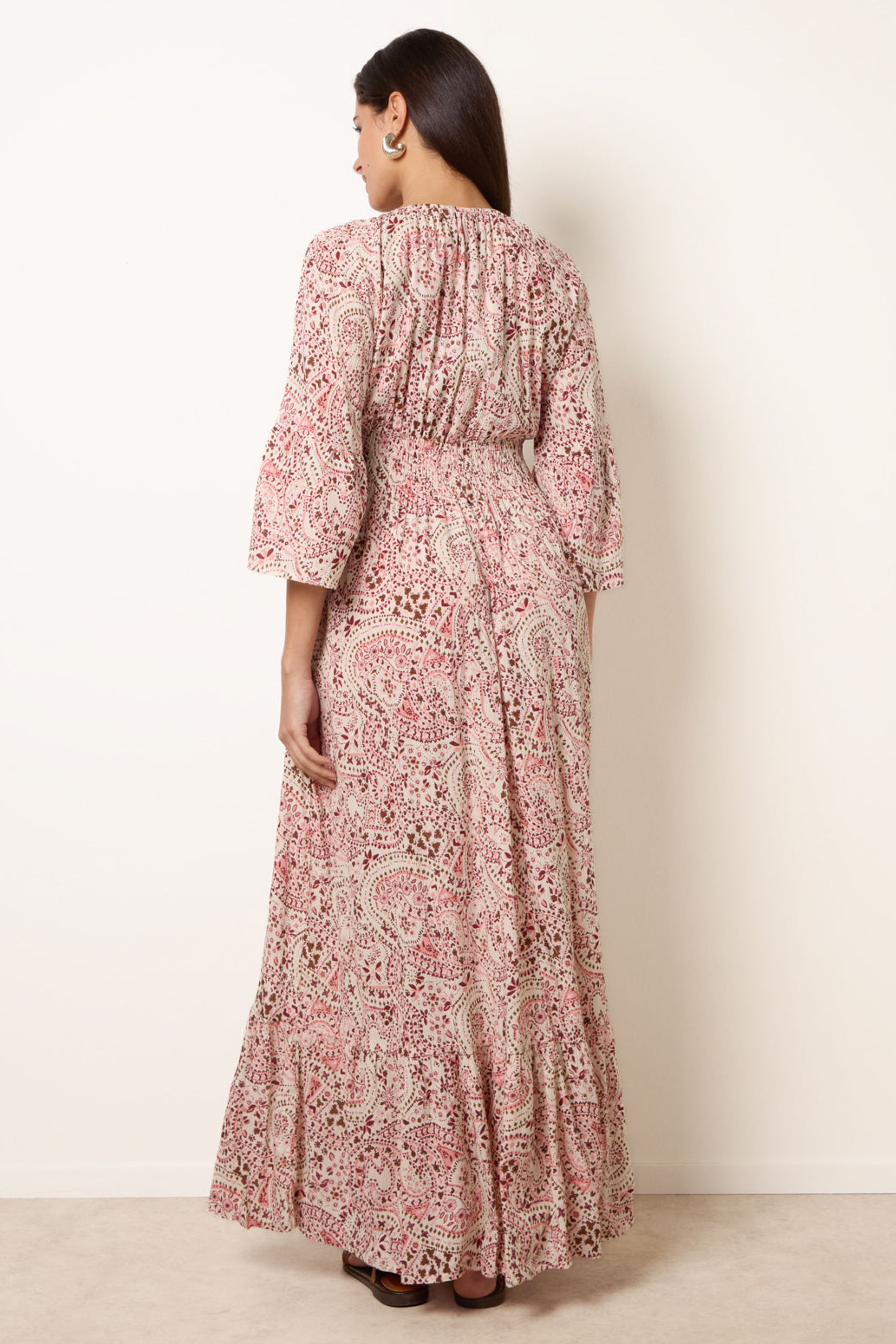 Blue Vanilla Pink Printed Shirred Waist V Neck Maxi Dress