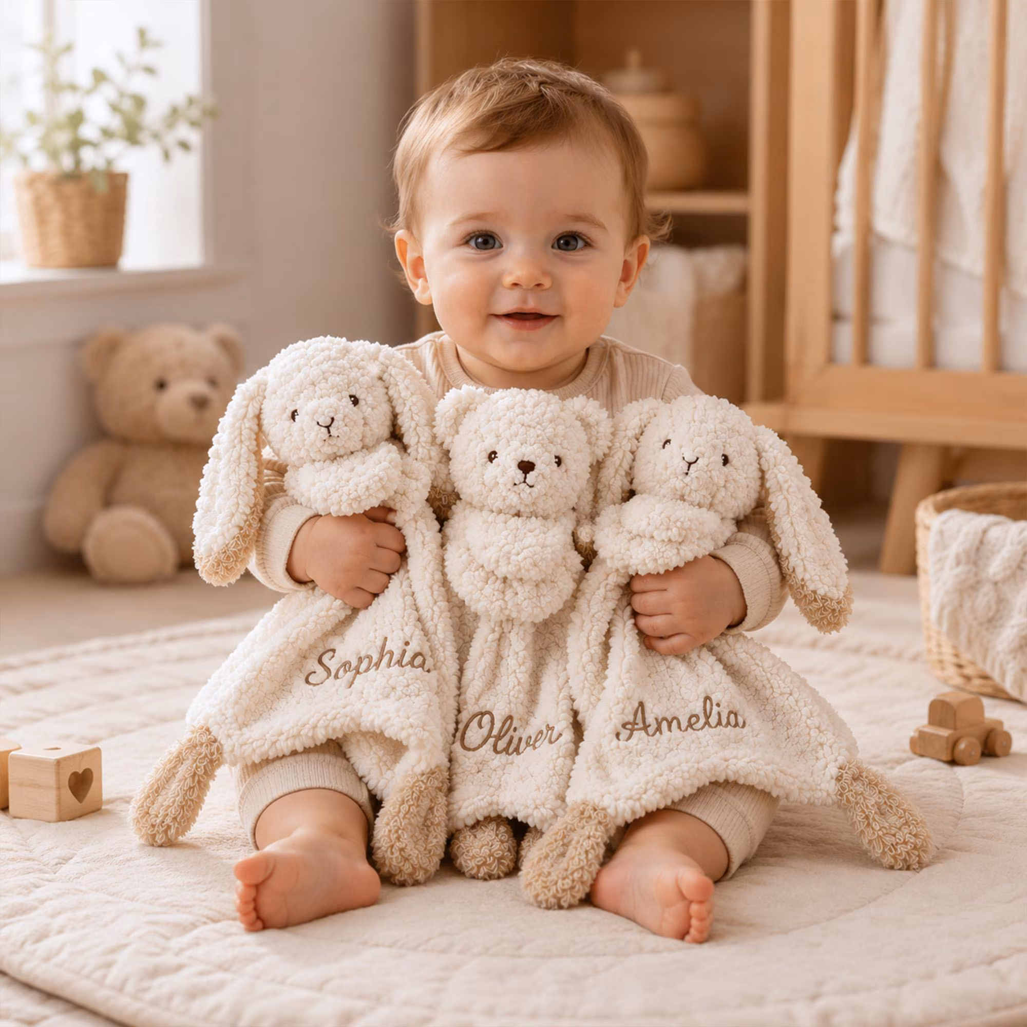 Custom Baby Lovey with Name, Personalized Plush Bunny Blanket, Newborn Baptism Gift, Embroidered Baby Comfort Toy