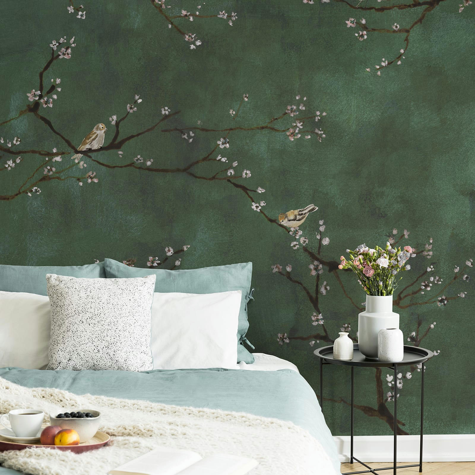 - fresque panoramique cerisiers japonais oiseaux vert 300x280cm