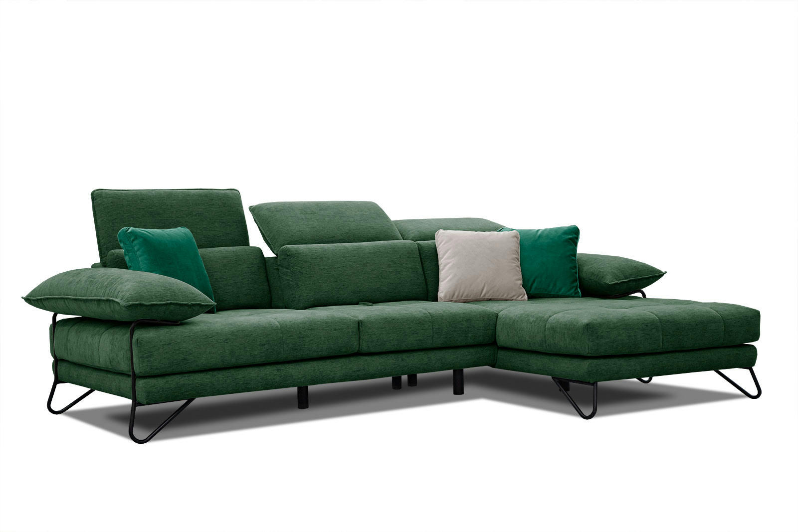 NORDEN - Canapé d'angle droit 4 places en tissu vert foncé avec coussins déco