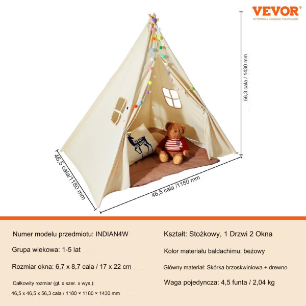 Namiot tipi dla dzieci 1-5 lat – z matą i piłkami do pokoju 118x118 cm