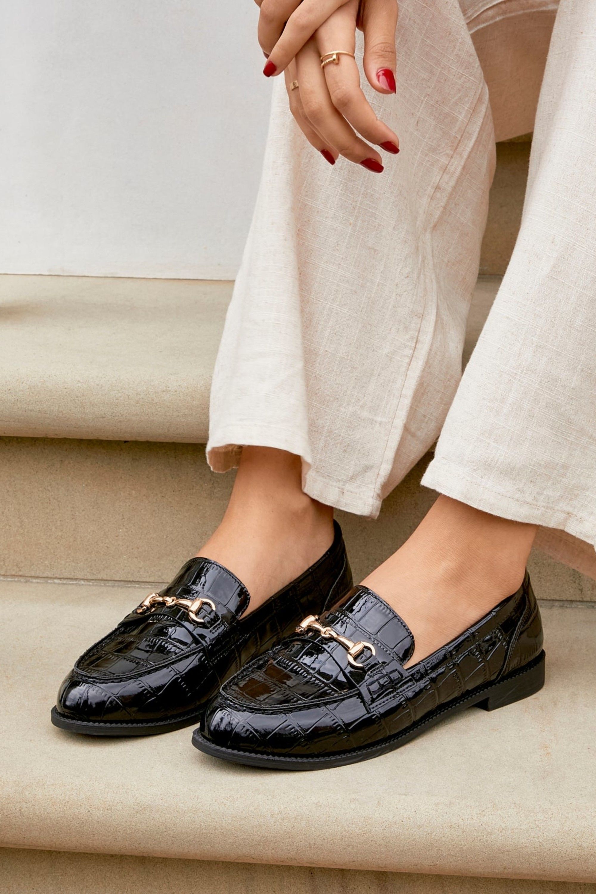 Linzi Maison Black Faux Croc Patent Leather Loafers
