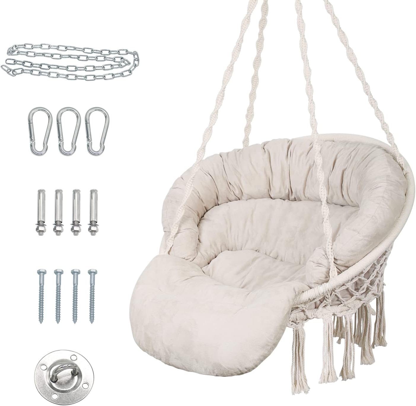 Hammock Chair with Cushion, Handmade Macrame Swing Chair with Hanging Hardware Kits, Bohemian Style Cotton Rope Hanging Chair for Bedroom Indoor Outdoor, Beige