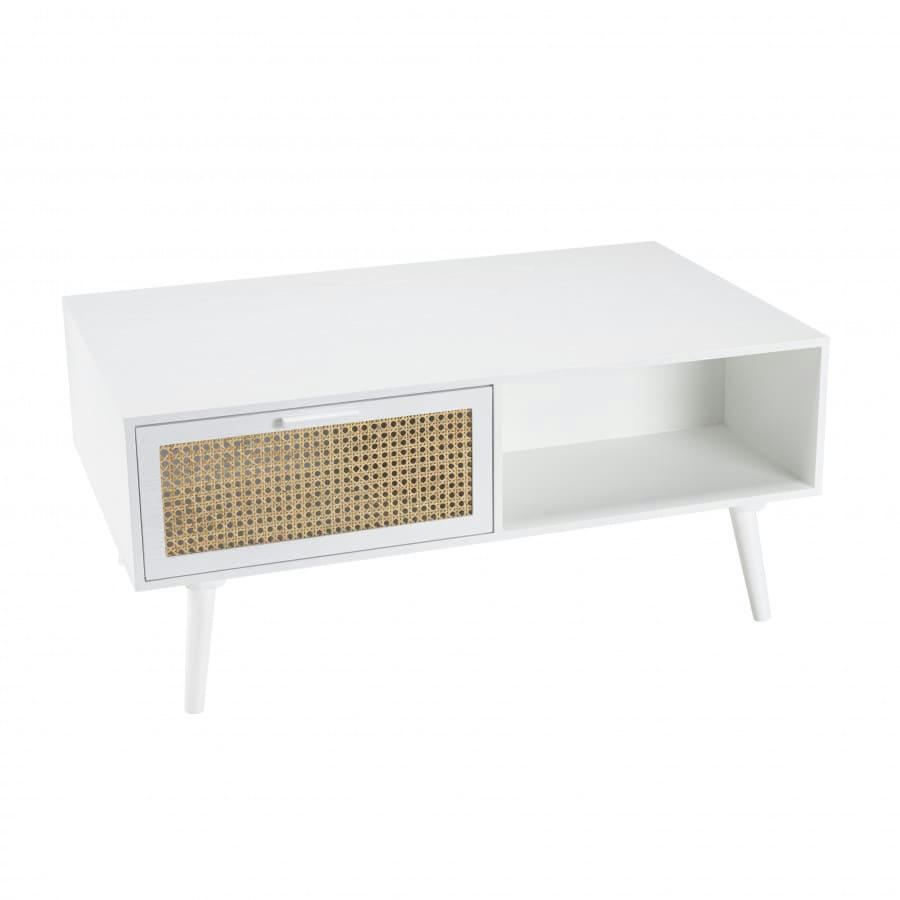 SANDRO - Table basse blanche 2 tiroirs 1 niche cannage naturel
