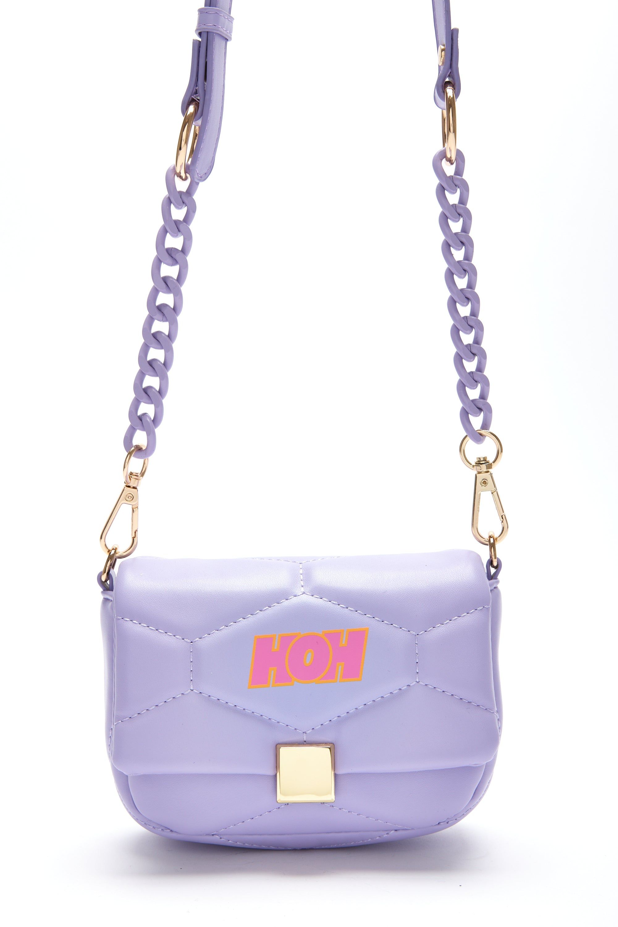 House of Holland Small Cross Body Bag In Purple With A Chain Detail Strap And Printed Logo