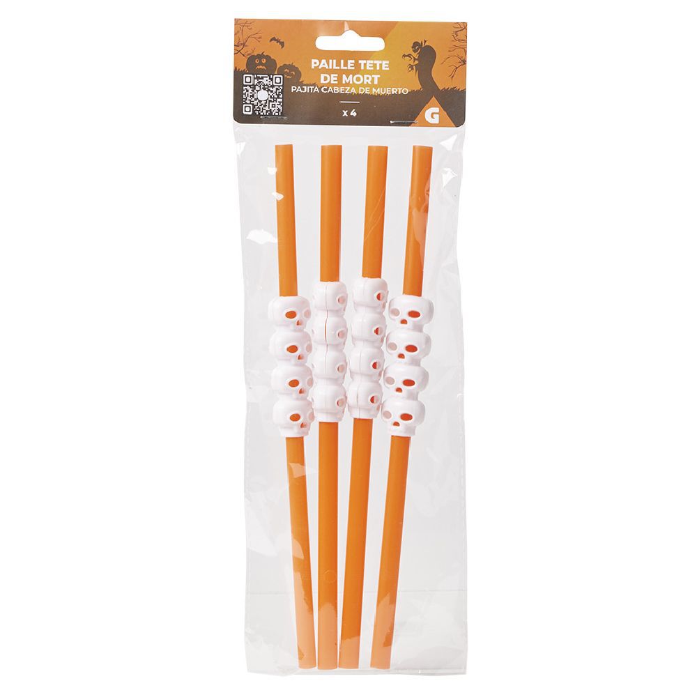 Paille plastique Halloween décor crâne x4