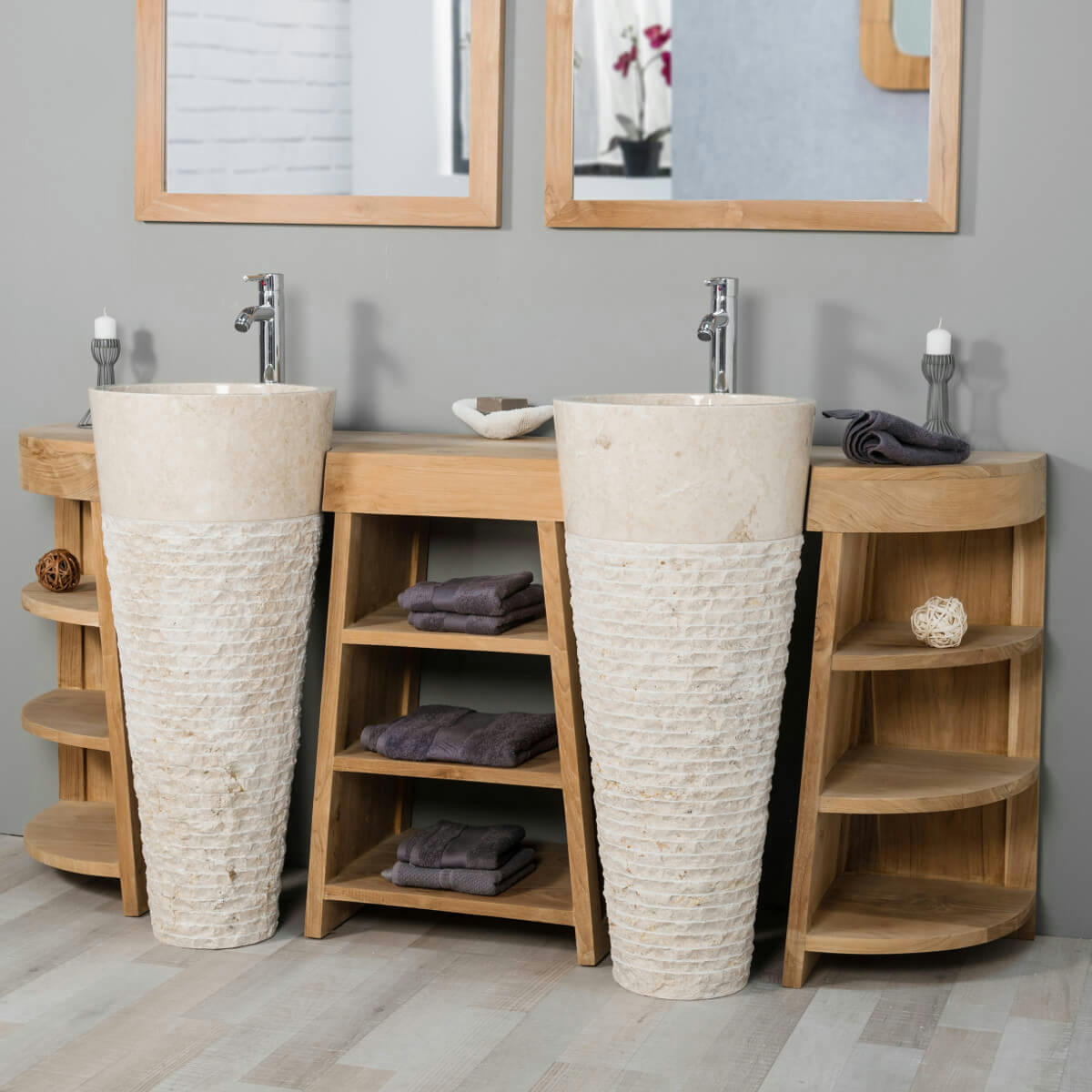 - Meuble de salle de bain en teck double 180cm + vasques crème
