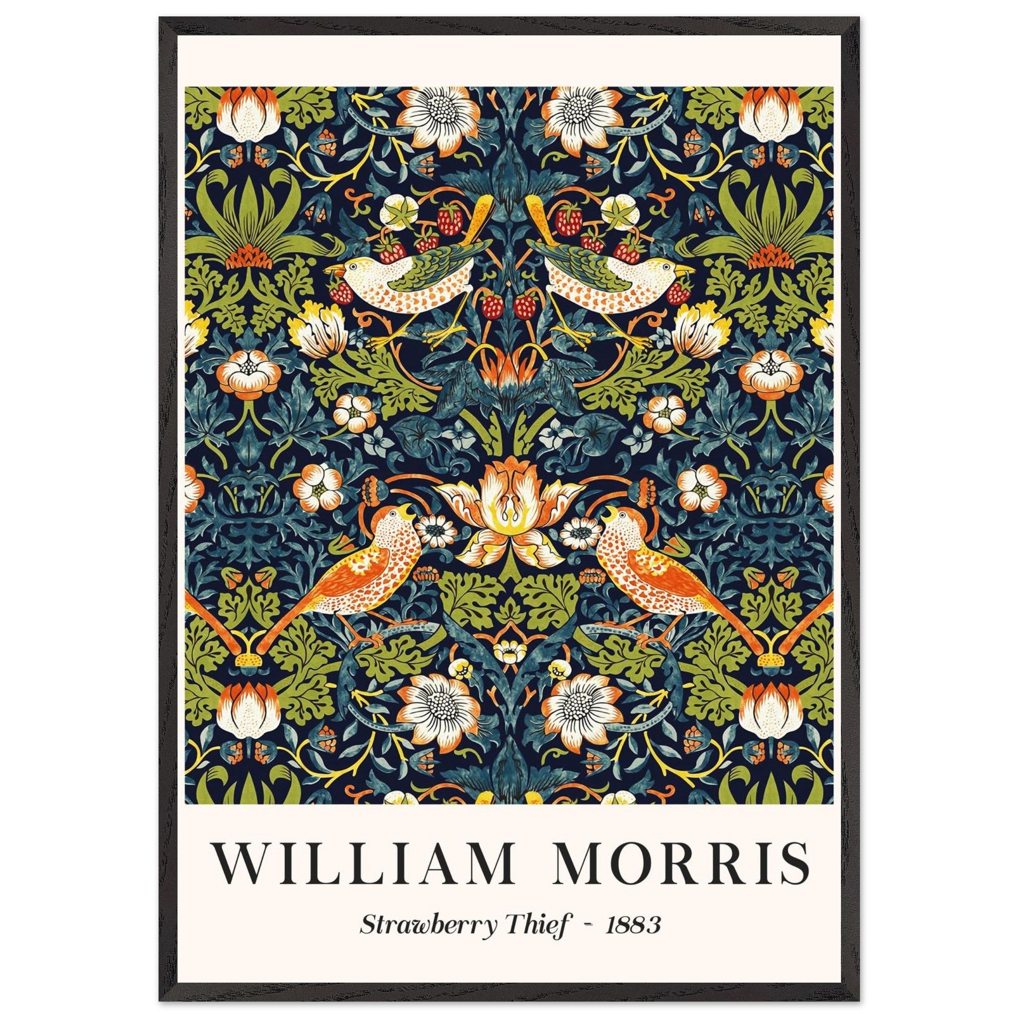 Artfulprints Poster met Lijst William Morris - Strawberry thief  - 70x100 cm - Donkergroen