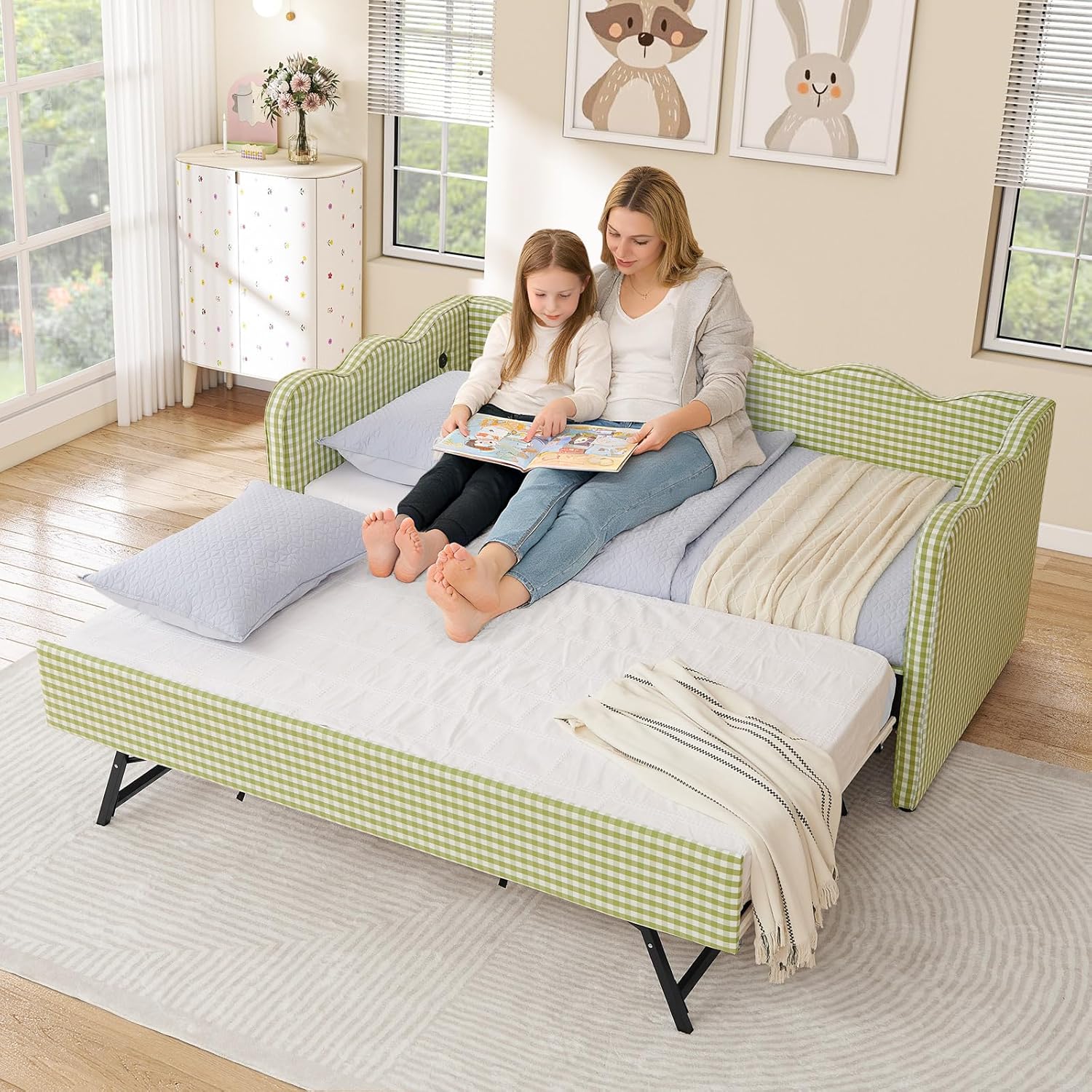 Twin Size Daybed with Pop Up Trundle, Linen Gingham Twin to King Daybed with USB Ports, Upholstered Day Bed Frame, Modern Sofa Bed for Living Room/Bedroom/Guest Room, No Box Spring Needed, Green