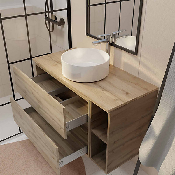 Meuble salle de bains 100 TIMBER Décor Chêne Tiroirs   Niches - Vasque Blanche - Miroir Bords Noirs