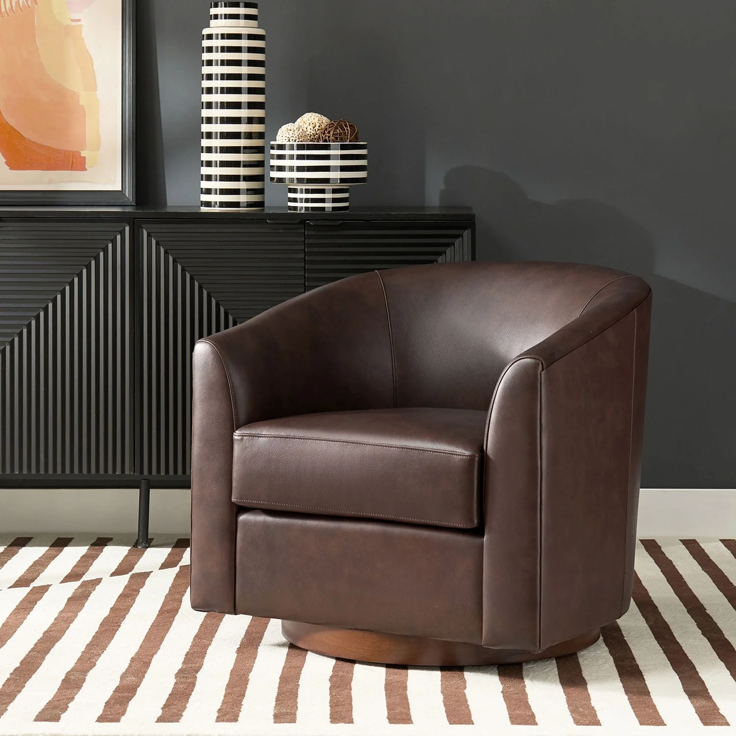 Althea Modern Genuine Leather Swivel Barrel Chair with Solid Wood Base By HULALA HOME