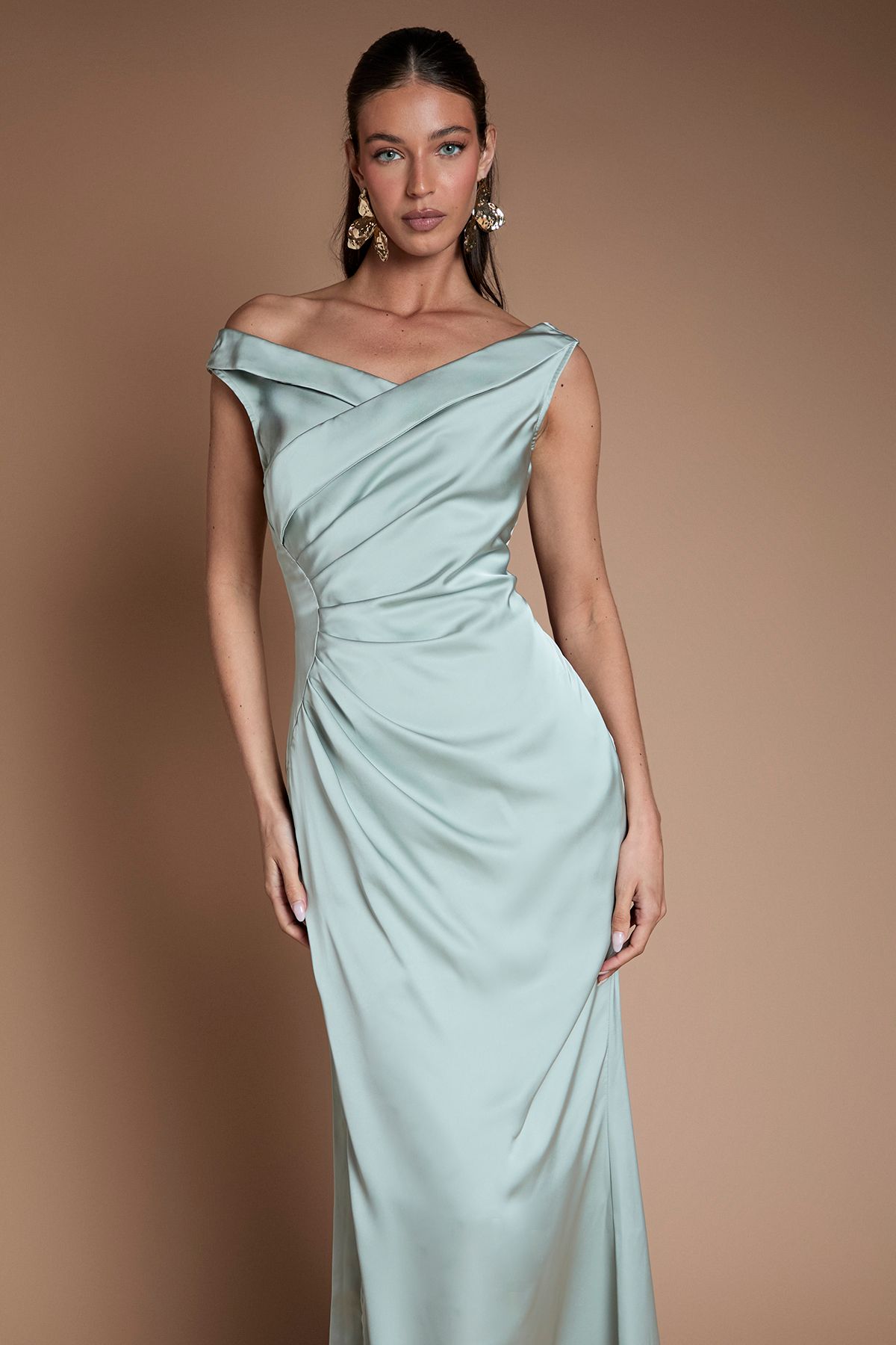 Coast Satin Bardot Bridesmaid Maxi Dress With Waist Ruching Detail