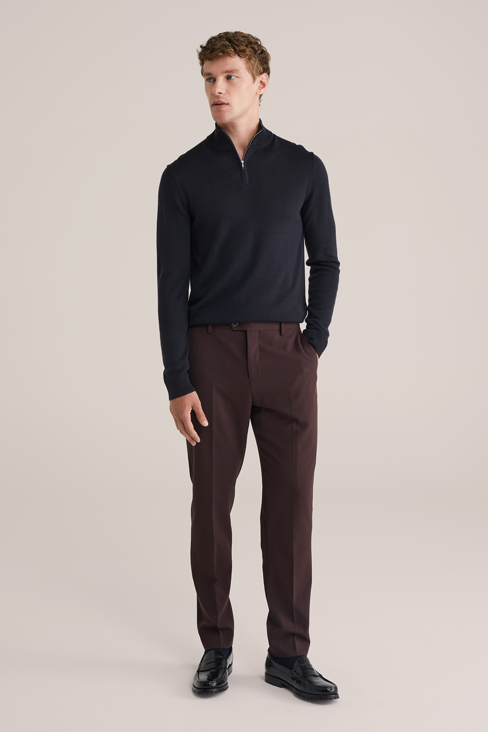 Heren Slim fit trui van merinowol met quarter-zip