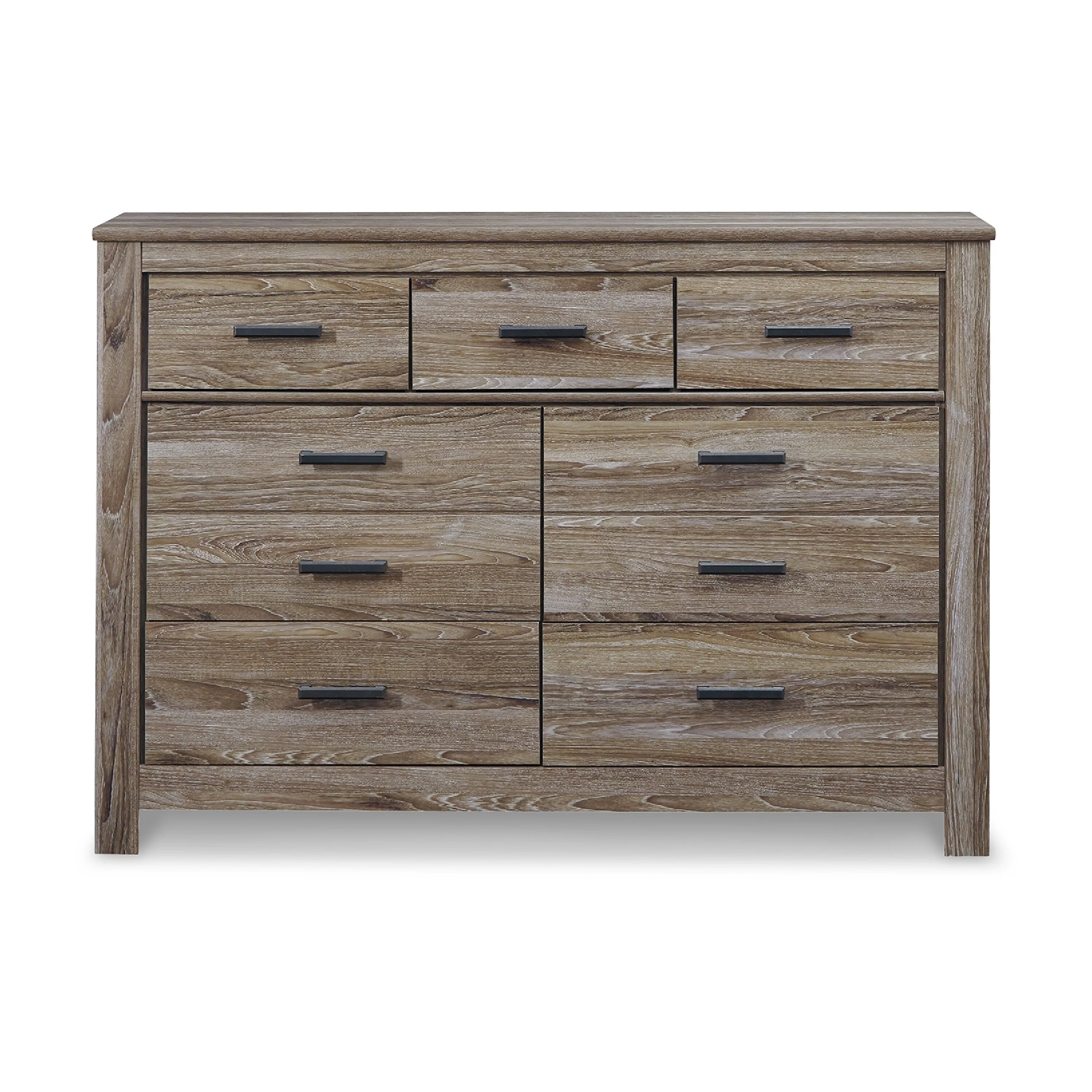 Lezz 61 Inch Dresser, 7 Drawers, Rustic Contemporary Laminate Gray
