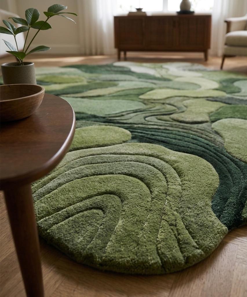 Hand Tufted Green Abstract Rug, Modern Organic Area Rug, Wavy Contour Carpet, Moss Green Living Room Floor Decor