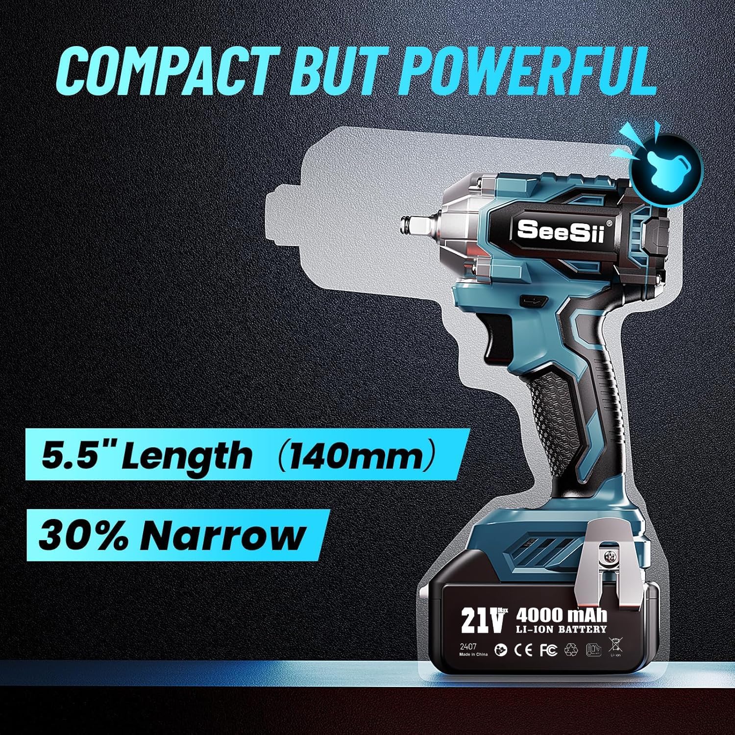 Seesii 3/8 Cordless Impact Wrench, Power Impact Gun w/Max Torque 330Ft-lbs(450N.m), 4.0Ah Rechargable Battery & 4 Sockets, Compact Power Impact Wrench for Lightduty Work Car Home,WH450