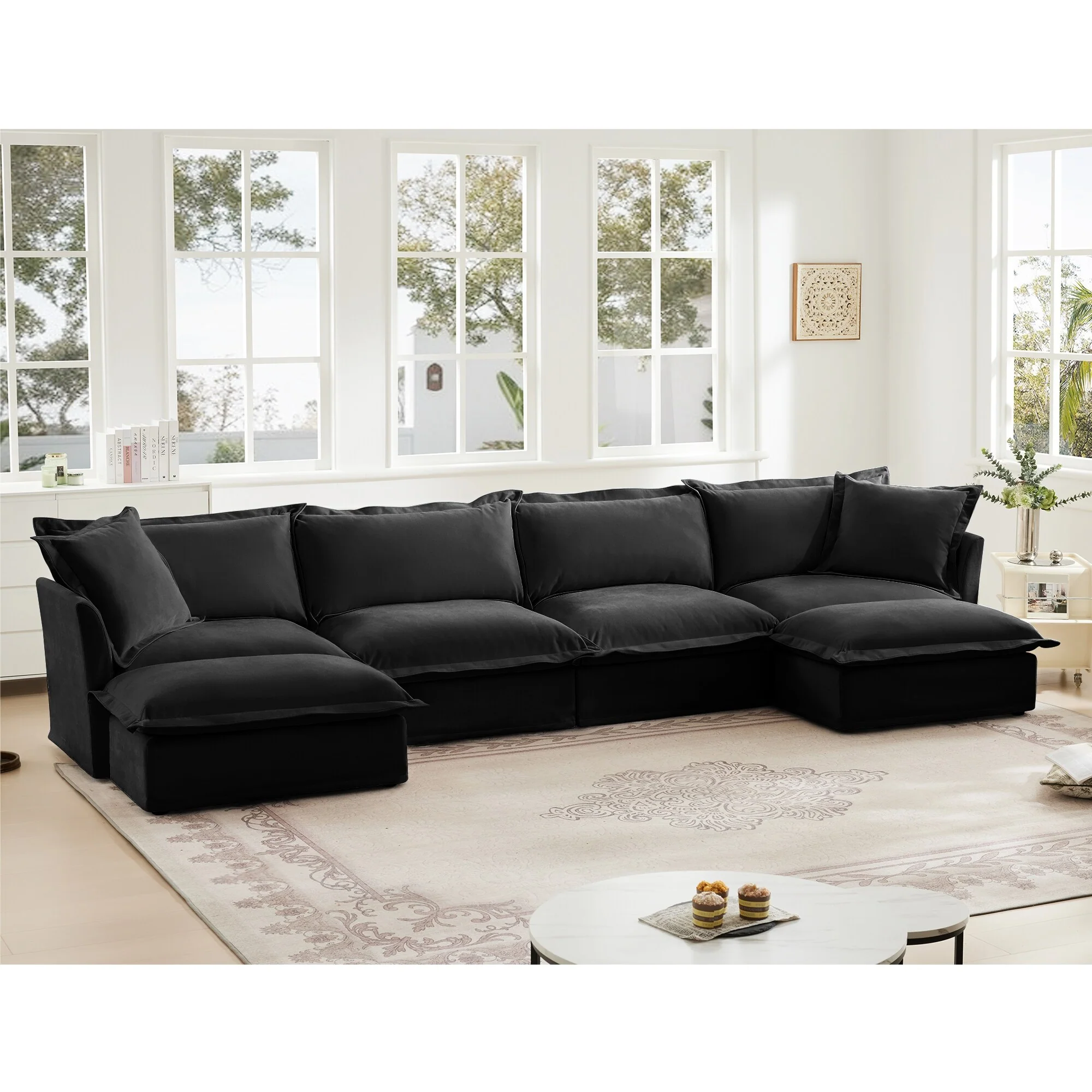 Slipcovered U Shape Sectional Wide and Deep Seat Sofa Couch, 4 Seater Sofa with French Edges Design Multiple Big Pillows