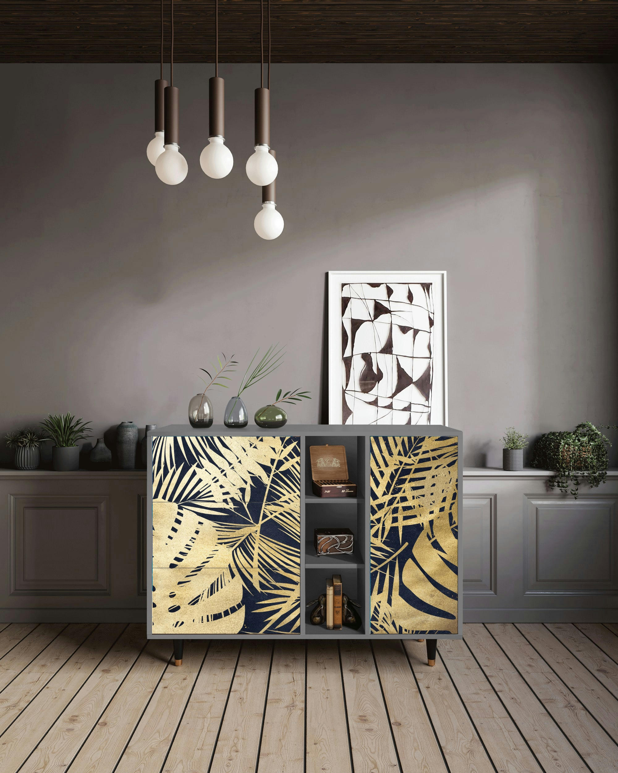 JUNGLE VIBES - Buffet  bleu et jaune 3 tiroirs et 1 porte L 125 cm