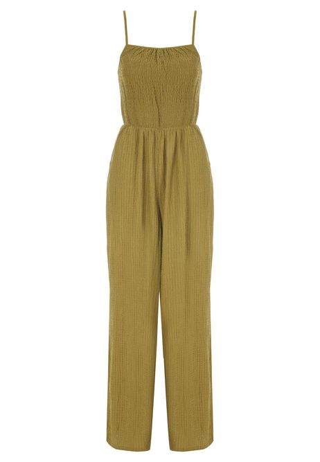 Womens Green Textured Strappy Jumpsuit