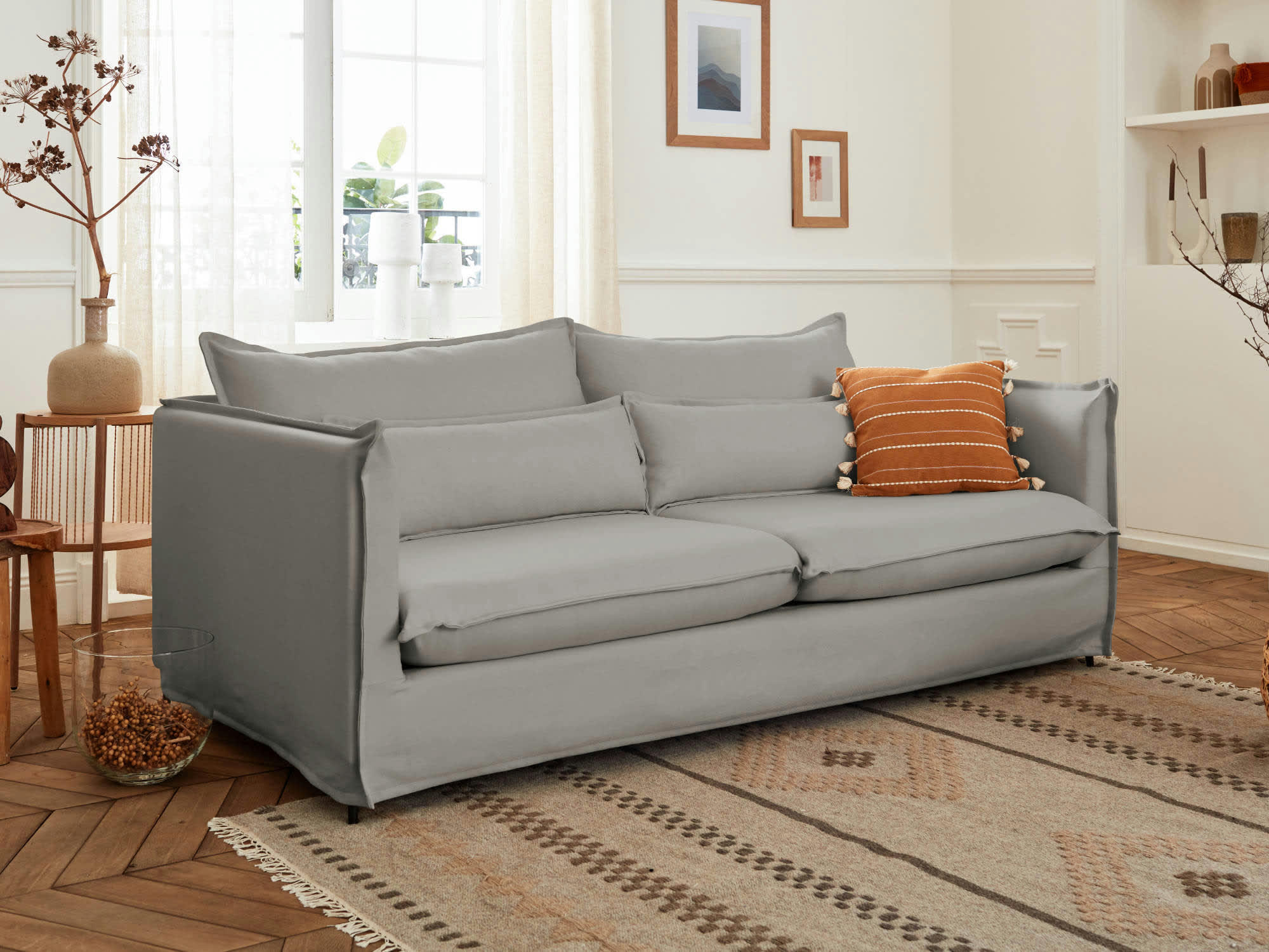 ADRIANN - Canapé droit 3 places en tissu gris clair