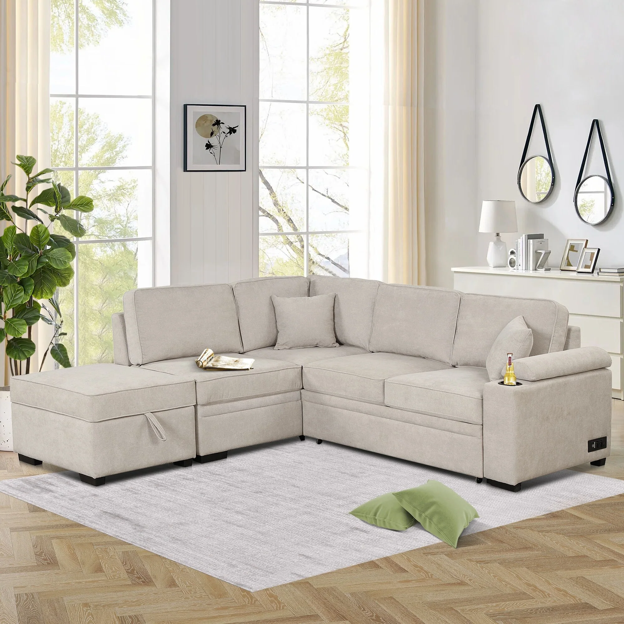 84.75'' L-Shaped 5-Seat Sectional Sleeper Sofa Bed with Storage Ottoman and Pull-Out Feature, Perfect for Living Room