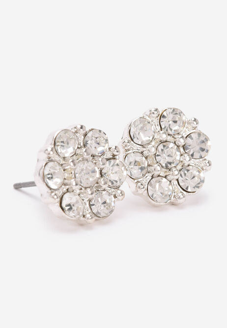 Womens Silver Diamante Flower Stud Earrings