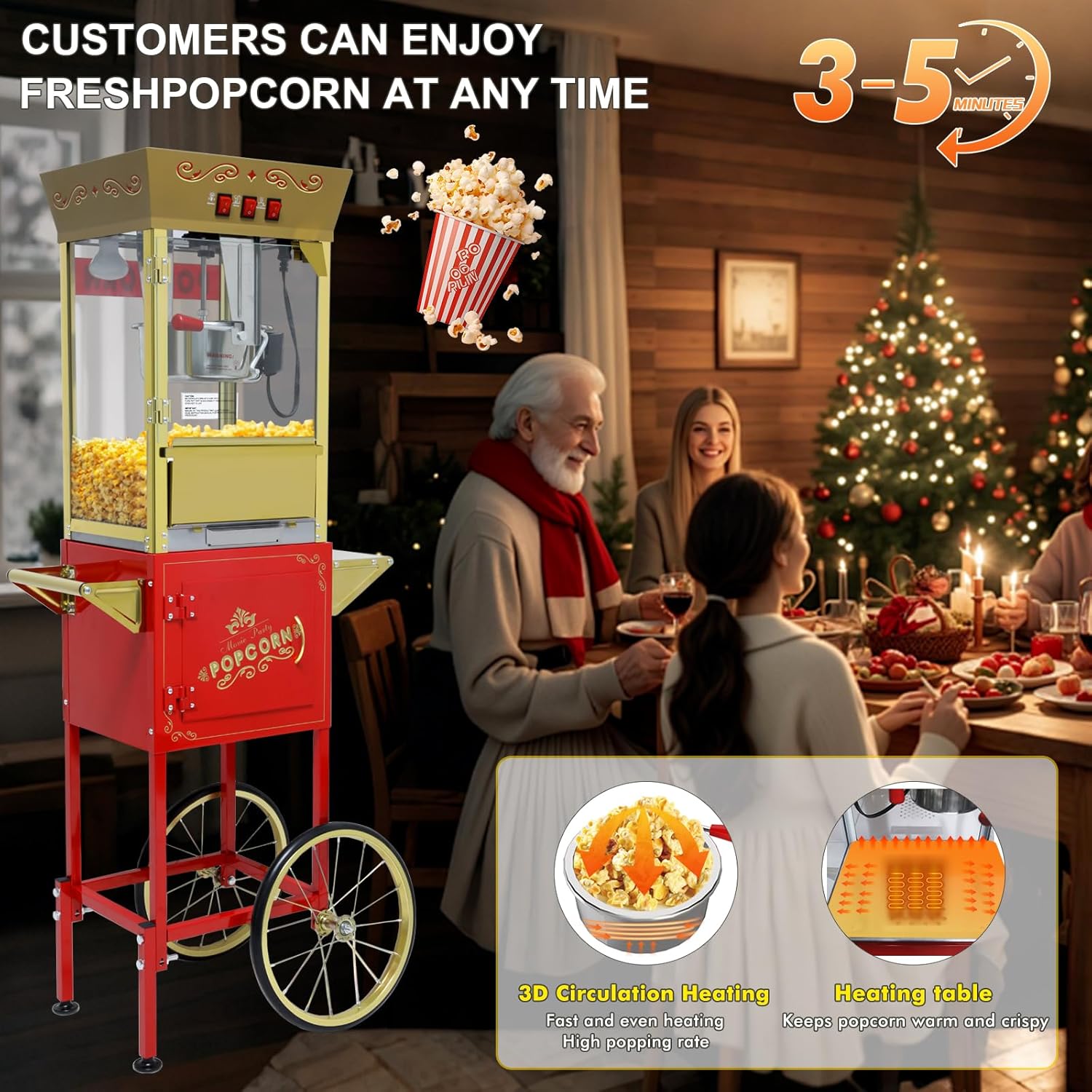 Popcorn Machine with Cart, Wheels & 12 Oz Kettle, Popcorn Maker Machine Vintage Style Movie Theater Popcorn Machine for Parties, Events, Commercial, and Home Theater