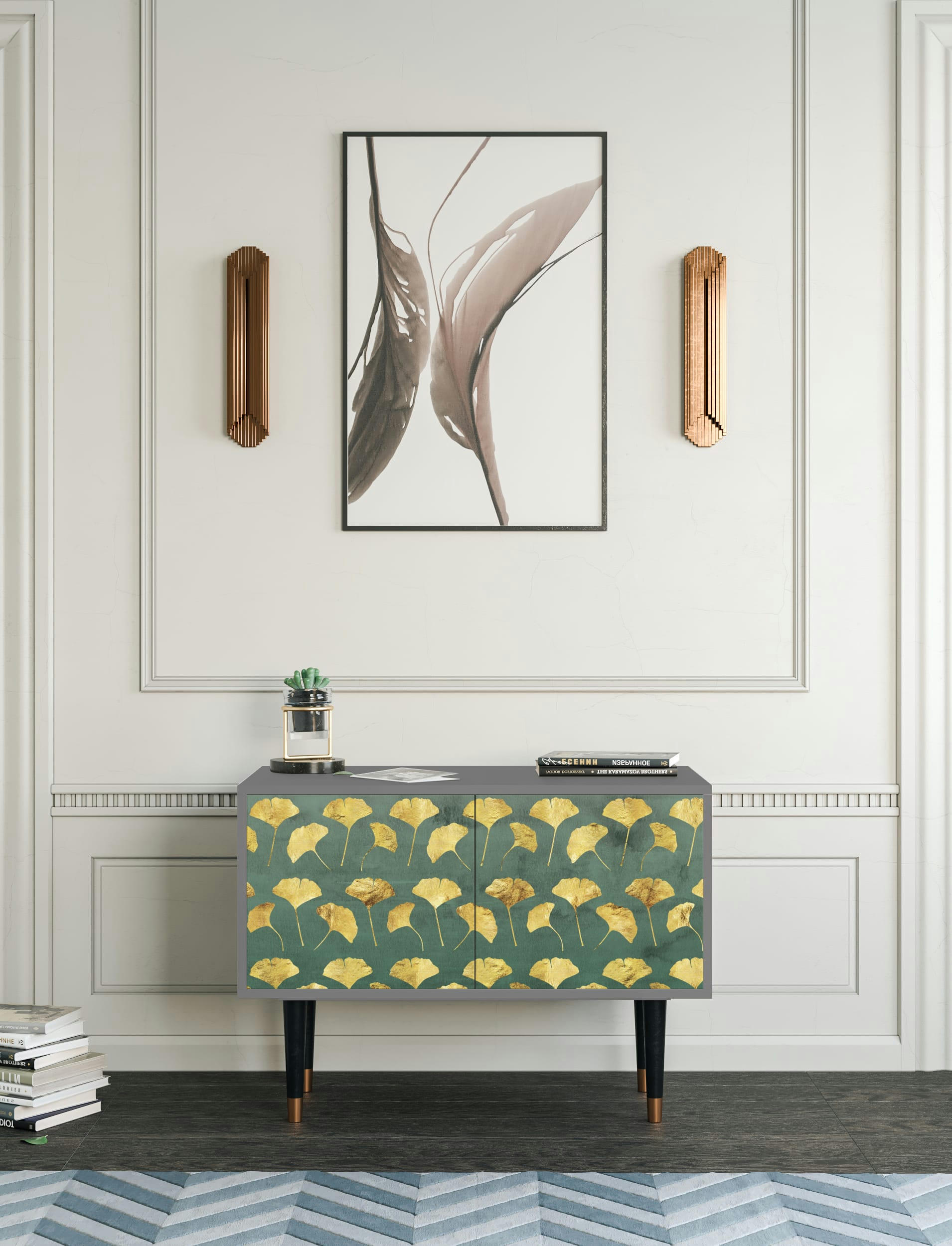 GINGKO LEAVES - Buffet bas  vert et jaune 2 portes L 94 cm